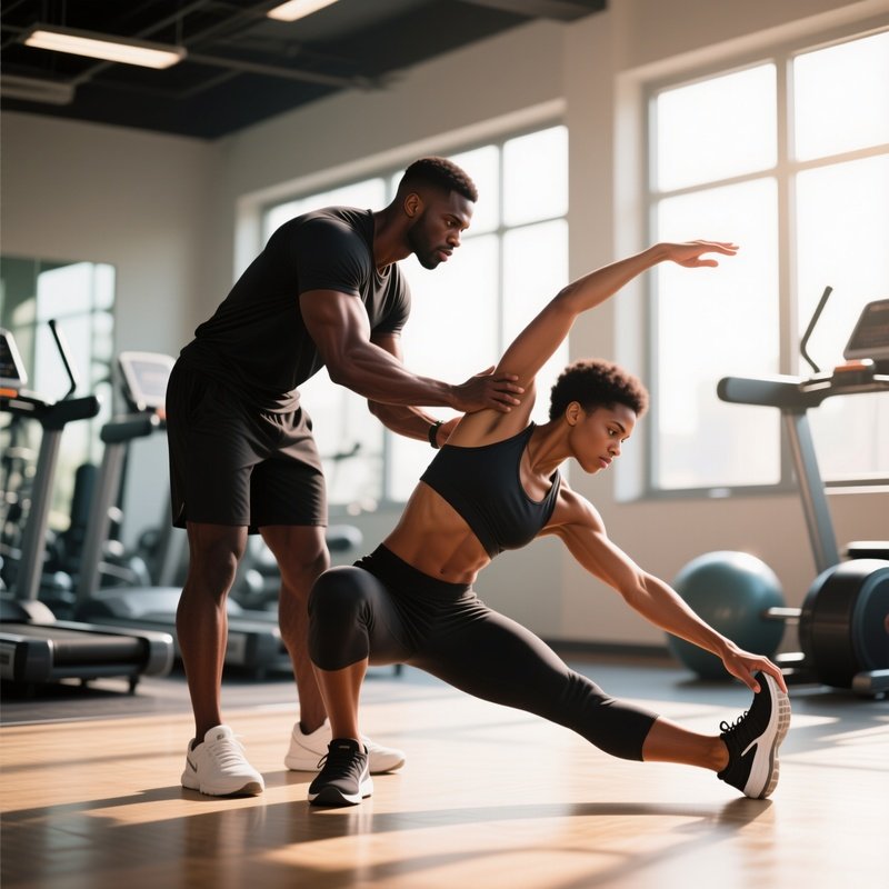 A Fitness Trainer Helping A Client Stretch In A Sunlit Gym, Both White Or Black.