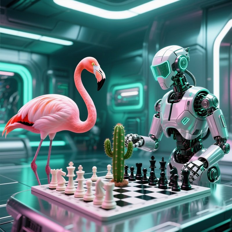 A Flamingo Playing Chess Against A Cactus