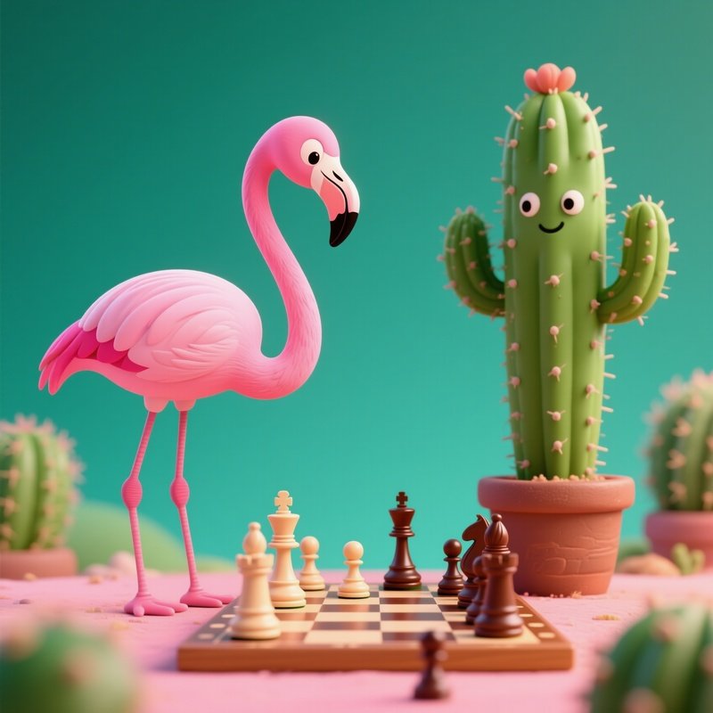 A Flamingo Playing Chess Against A Cactus