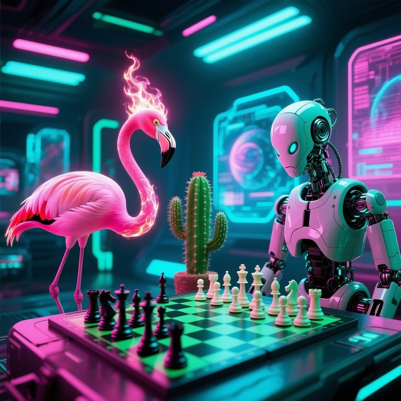 A Flamingo Playing Chess Against A Cactus Science Fiction
