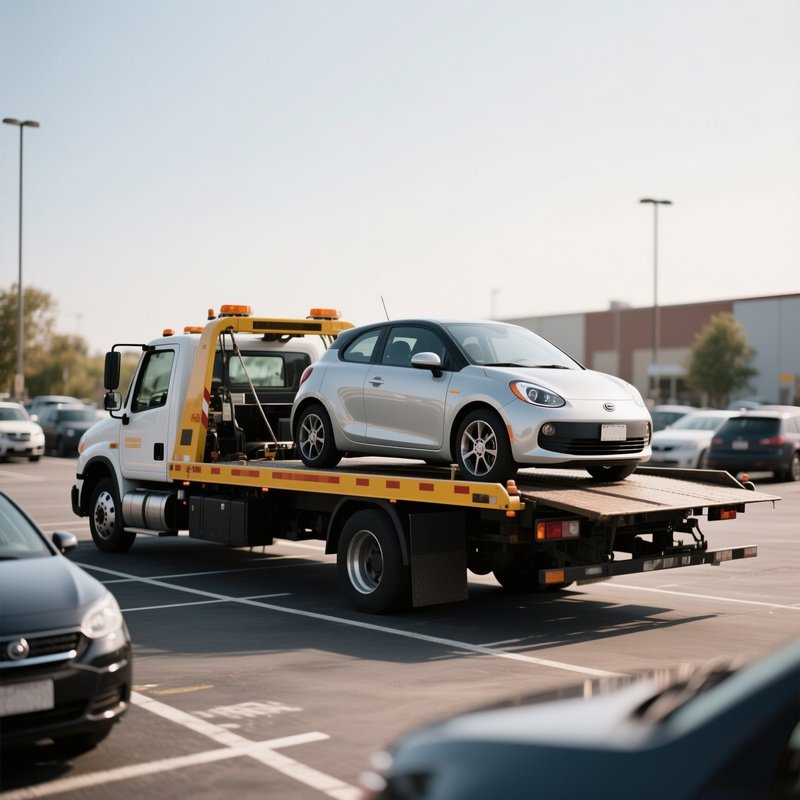 A Flatbed Tow Truck Loading A Compact Car In A Parking Lot