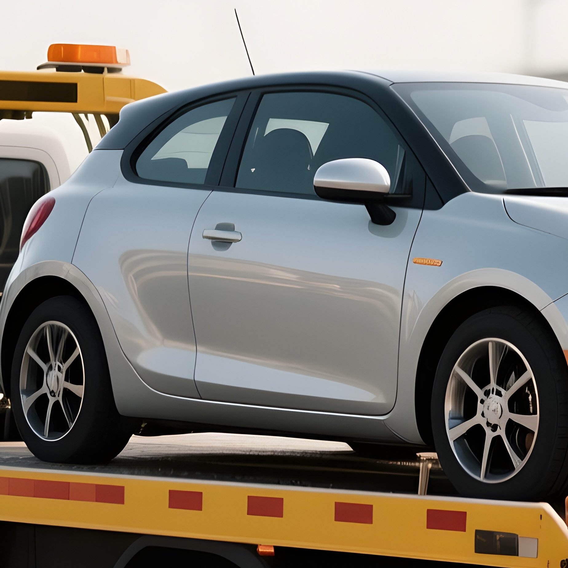 A Flatbed Tow Truck Loading A Compact Car In A Parking Lot - Full Resolution Quality Preview