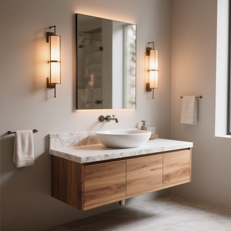 A Floating Wooden Bathroom Vanity With A White Stone Countertop And A Vessel Sink, Lit By Warm Modern Wall Sconces On Either Side.