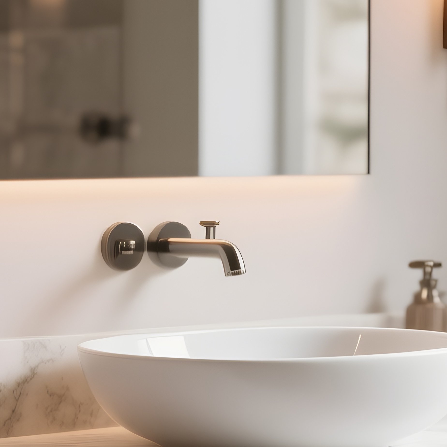 A Floating Wooden Bathroom Vanity With A White Stone Countertop And A Vessel Sink, Lit By Warm Modern Wall Sconces On Either Side. - Full Resolution Quality Preview