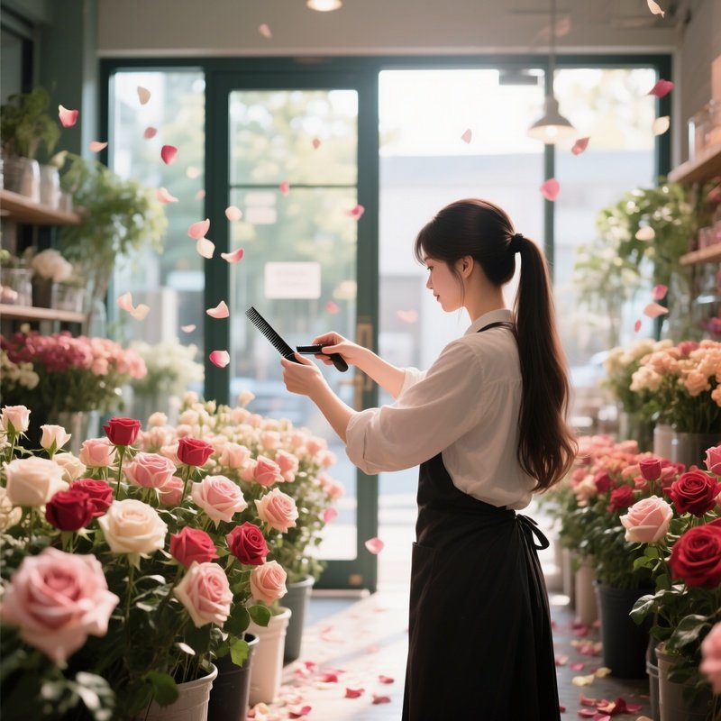 A Florist With Long Hair Tied Back Receives A Haircut Among Rows Of Blooming Roses, Fragrant Petals
