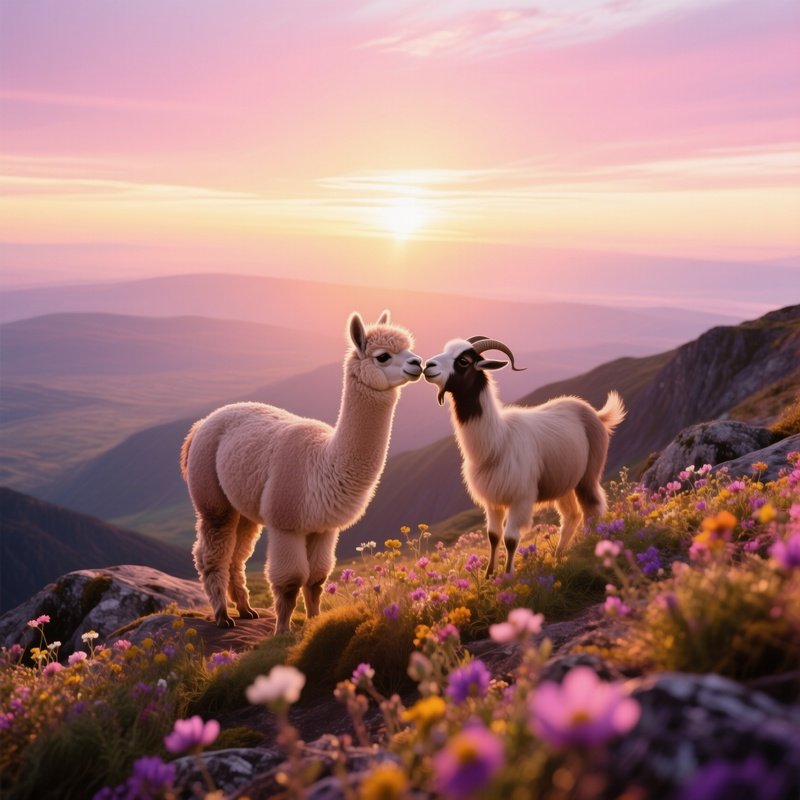 A Fluffy Alpaca And A Curious Goat Share An Affectionate Kiss On A High Plateau With Wildflowers