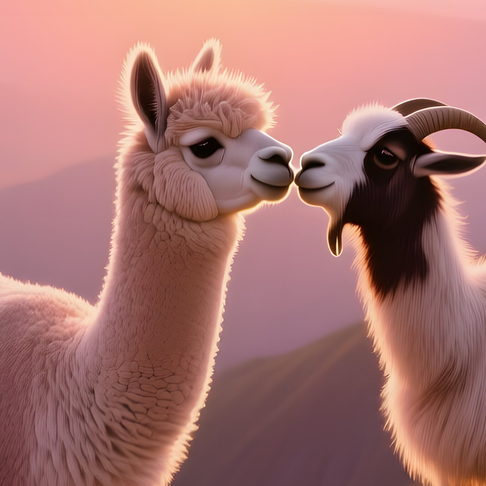 A Fluffy Alpaca And A Curious Goat Share An Affectionate Kiss On A High Plateau With Wildflowers - Full Resolution Quality Preview