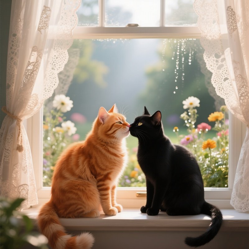 A Fluffy Orange Tabby And A Sleek Black Cat Share A Gentle Kiss On A Sunlit Windowsill, With