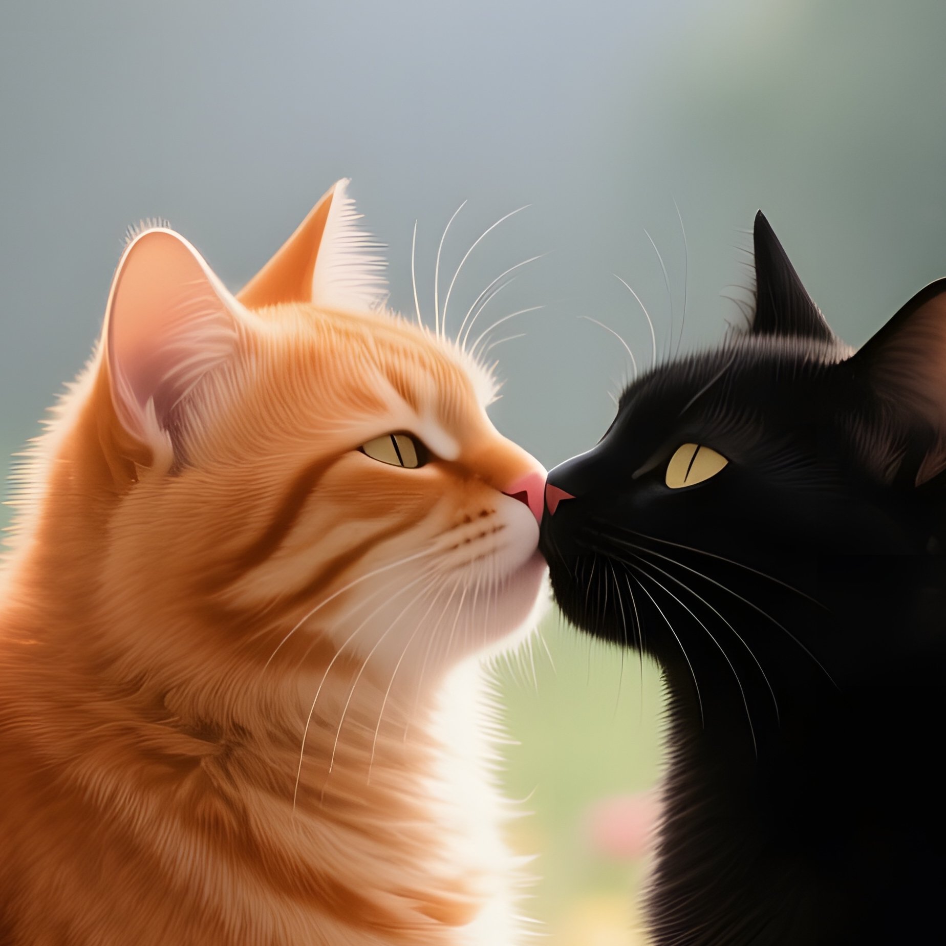 A Fluffy Orange Tabby And A Sleek Black Cat Share A Gentle Kiss On A Sunlit Windowsill, With - Full Resolution Quality Preview