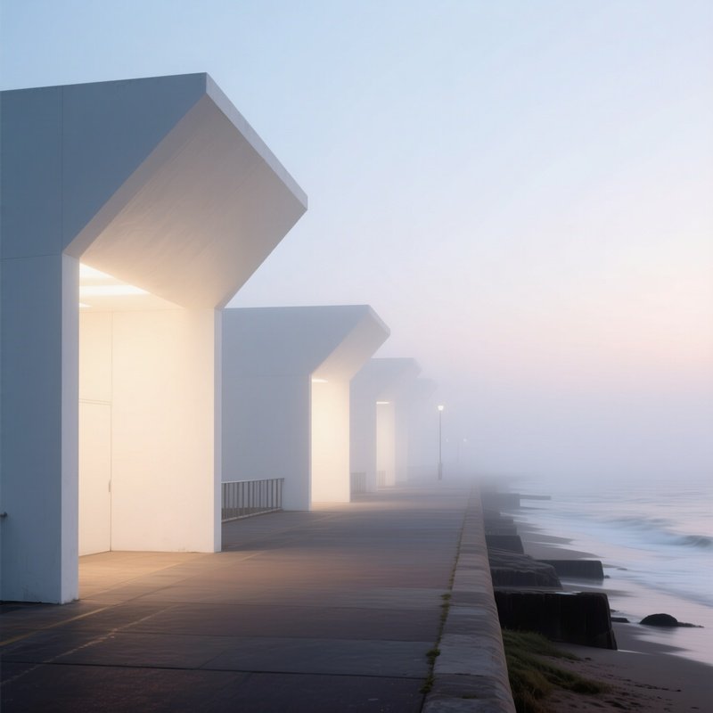 A Foggy Dawn At A Seaside Promenade Featuring Bold Geometric Pavilions, Their White Walls Glowing