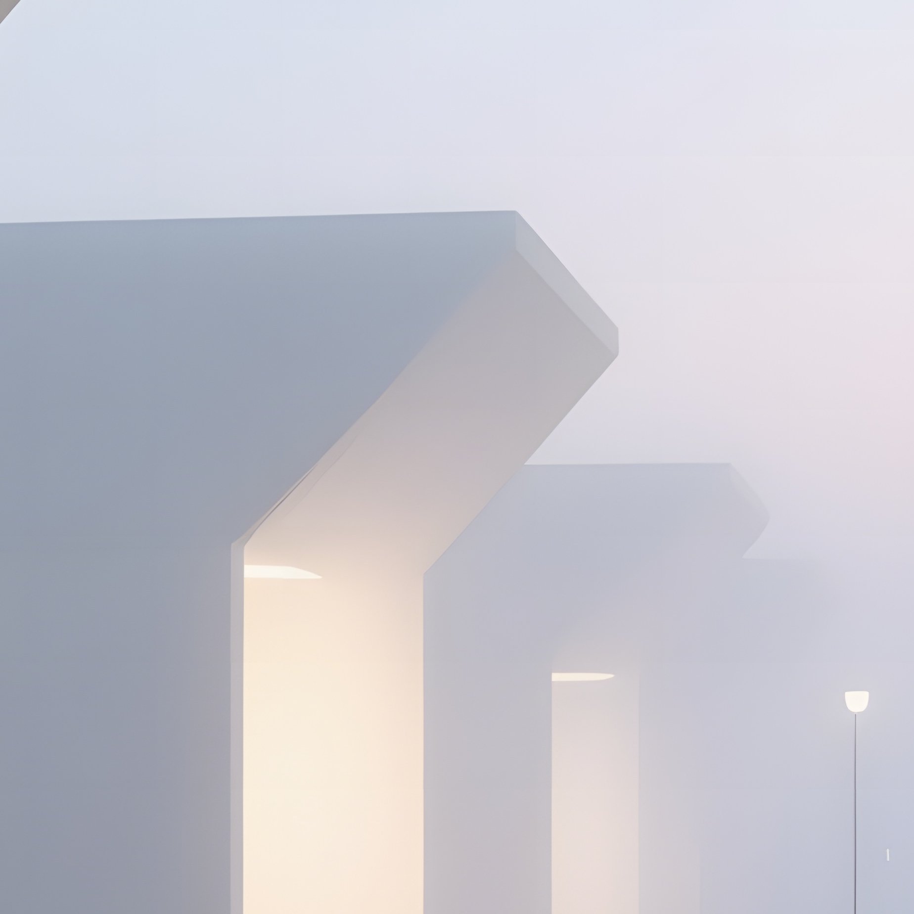 A Foggy Dawn At A Seaside Promenade Featuring Bold Geometric Pavilions, Their White Walls Glowing - Full Resolution Quality Preview