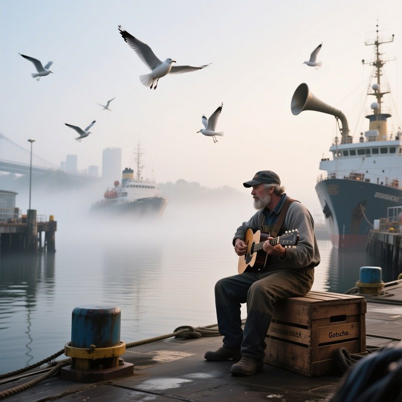 A Foggy Early Morning Dockyard In Sydney, Mist Rolling Over Water As A Fisherman Takes A Break To
