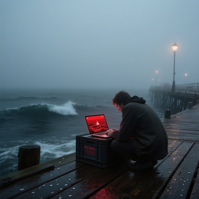 A Foggy Early‑Morning Pier With Wooden Planks Slick With Dew, A Lone Individual Hunched Over A