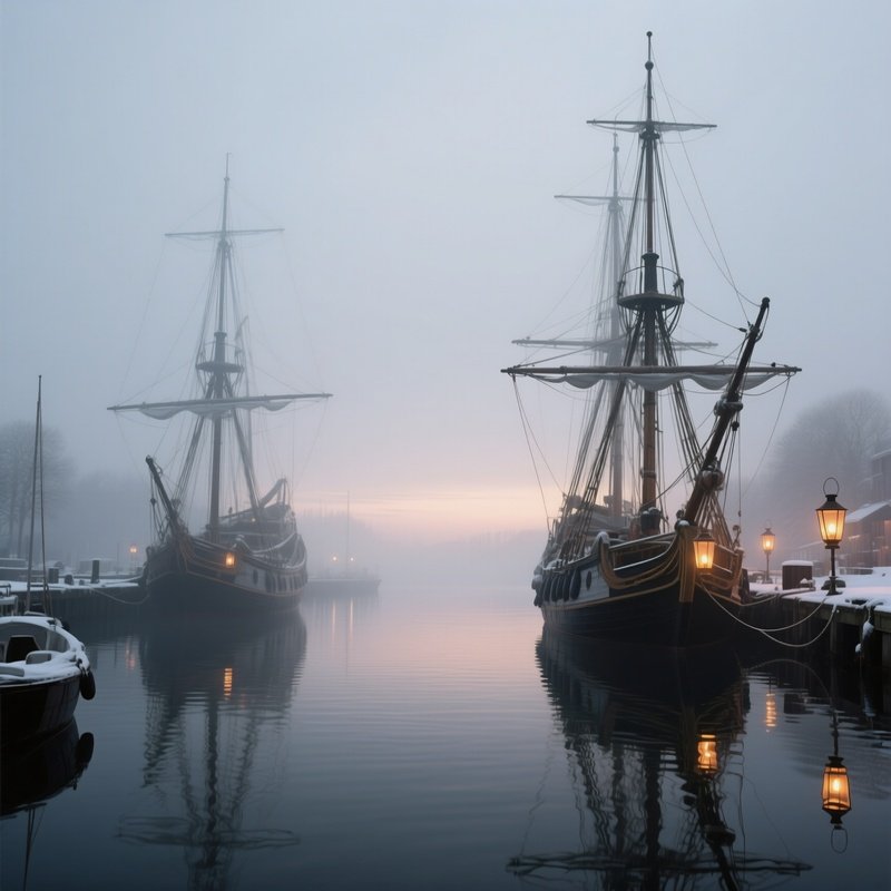 A Foggy Harbor At Dawn In Late Winter, Ships Moored, Lanterns Flickering, Muted Gray Sky Reflected