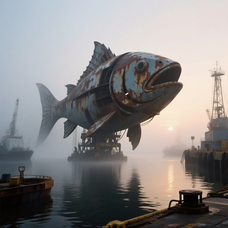 A Foggy Harbor At Dawn Where Massive Steel Installations Resembling Abstract Fish Emerge From The