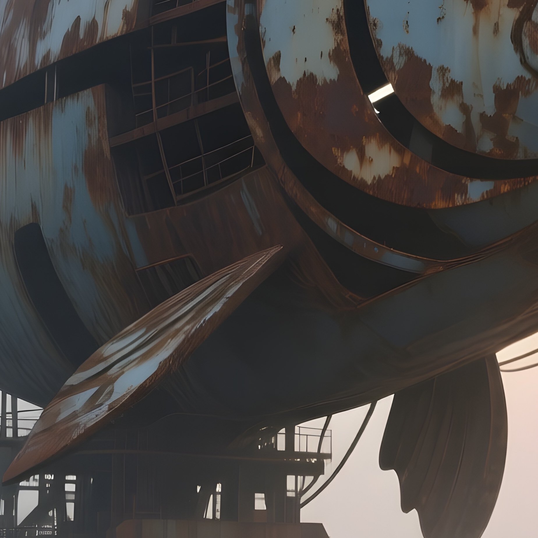 A Foggy Harbor At Dawn Where Massive Steel Installations Resembling Abstract Fish Emerge From The - Full Resolution Quality Preview