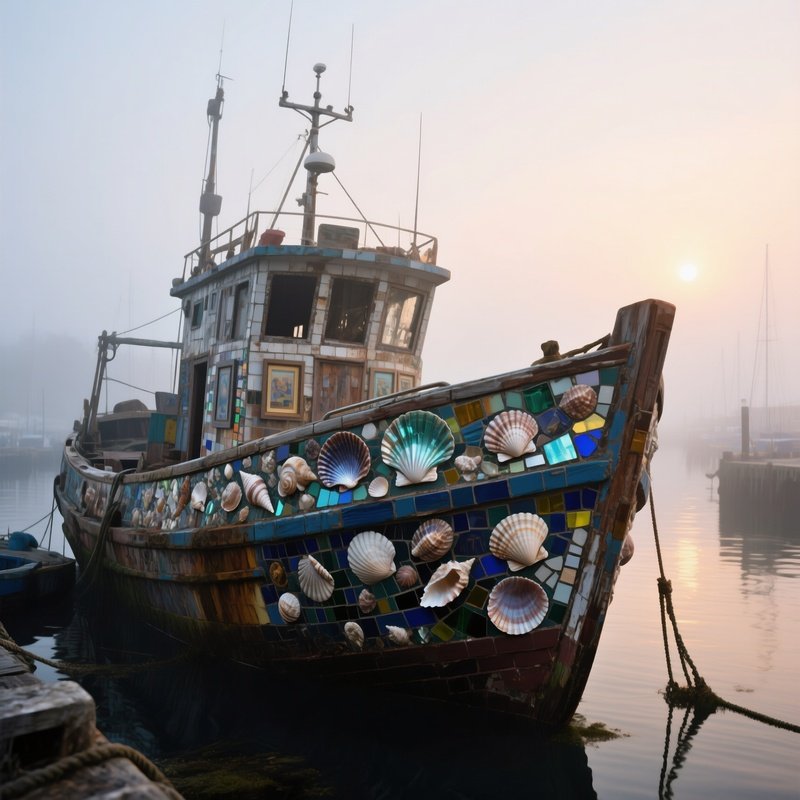 A Foggy Harbor At Sunrise, Abandoned Fishing Boats Repurposed As Galleries, Their Hulls Covered In