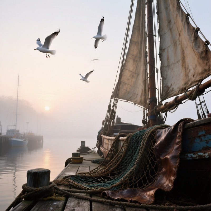 A Foggy Harbor Dock At Sunrise, Weathered Leather Fishing Nets Tangled With Faded Canvas Sails,