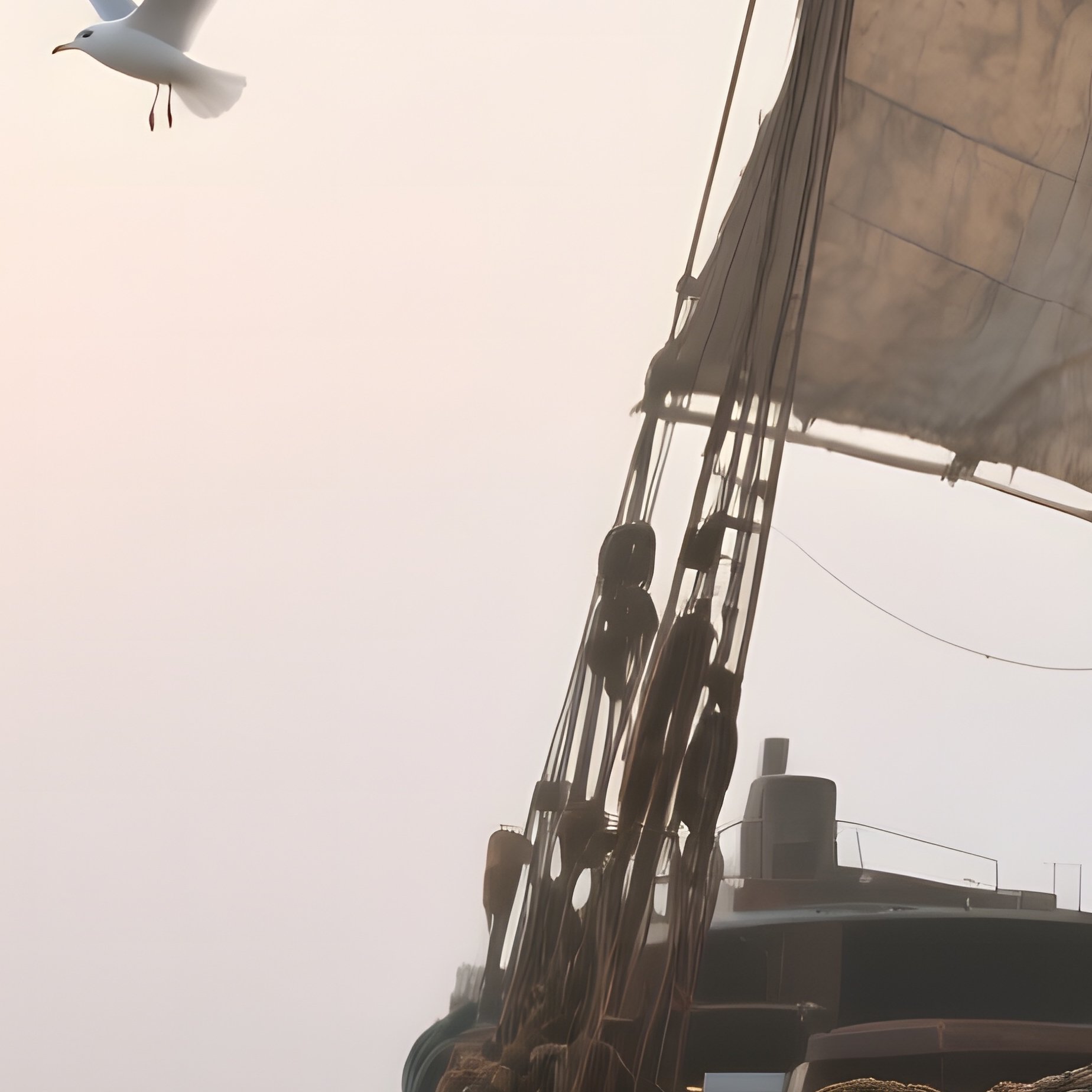 A Foggy Harbor Dock At Sunrise, Weathered Leather Fishing Nets Tangled With Faded Canvas Sails, - Full Resolution Quality Preview