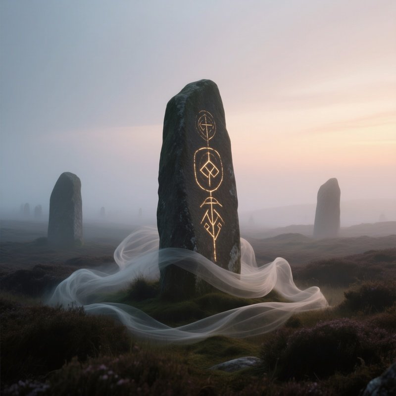 A Foggy Moor At Dusk, Lone Stone Monoliths Etched With Ancient Symbols Glow Faintly, Surrounded By