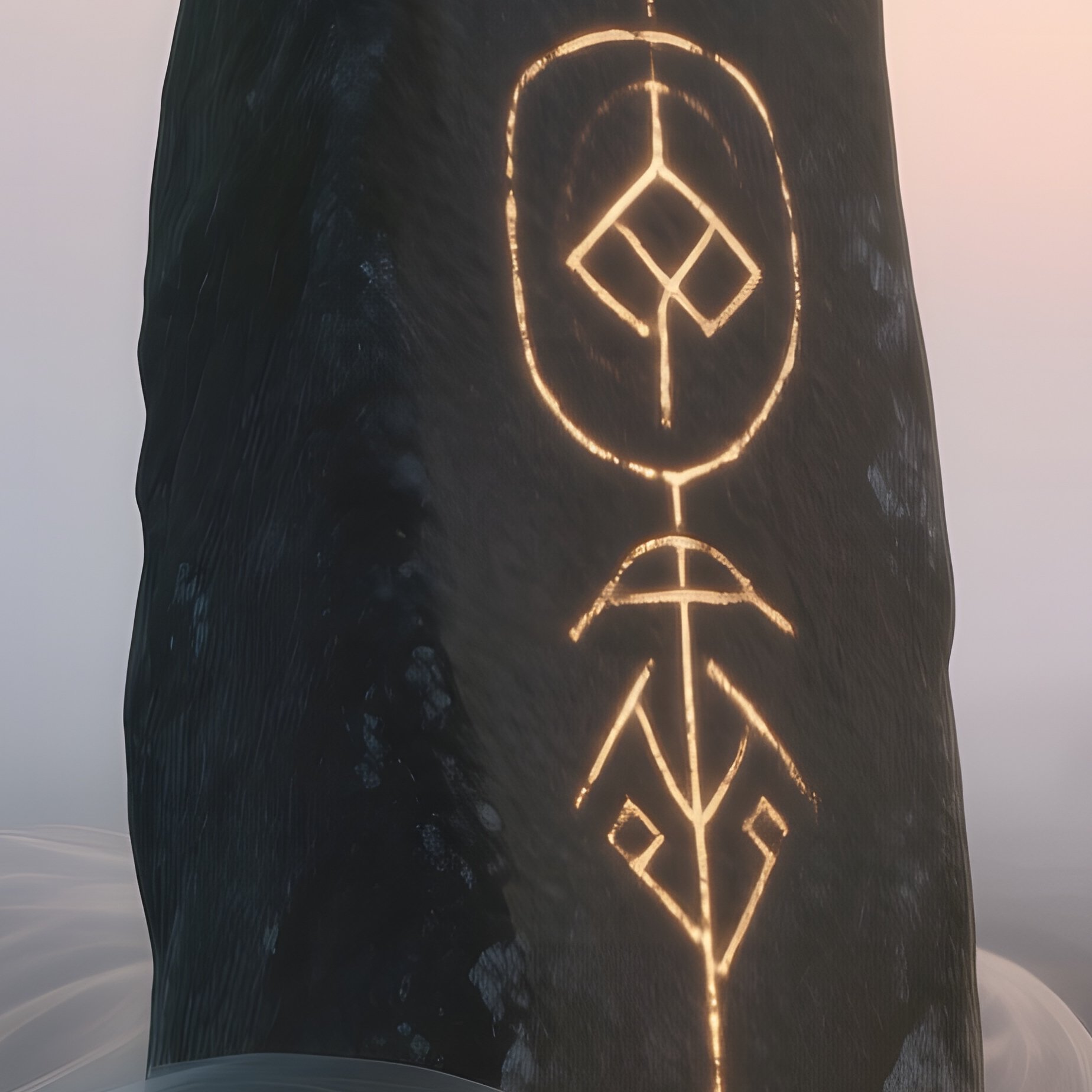 A Foggy Moor At Dusk, Lone Stone Monoliths Etched With Ancient Symbols Glow Faintly, Surrounded By - Full Resolution Quality Preview