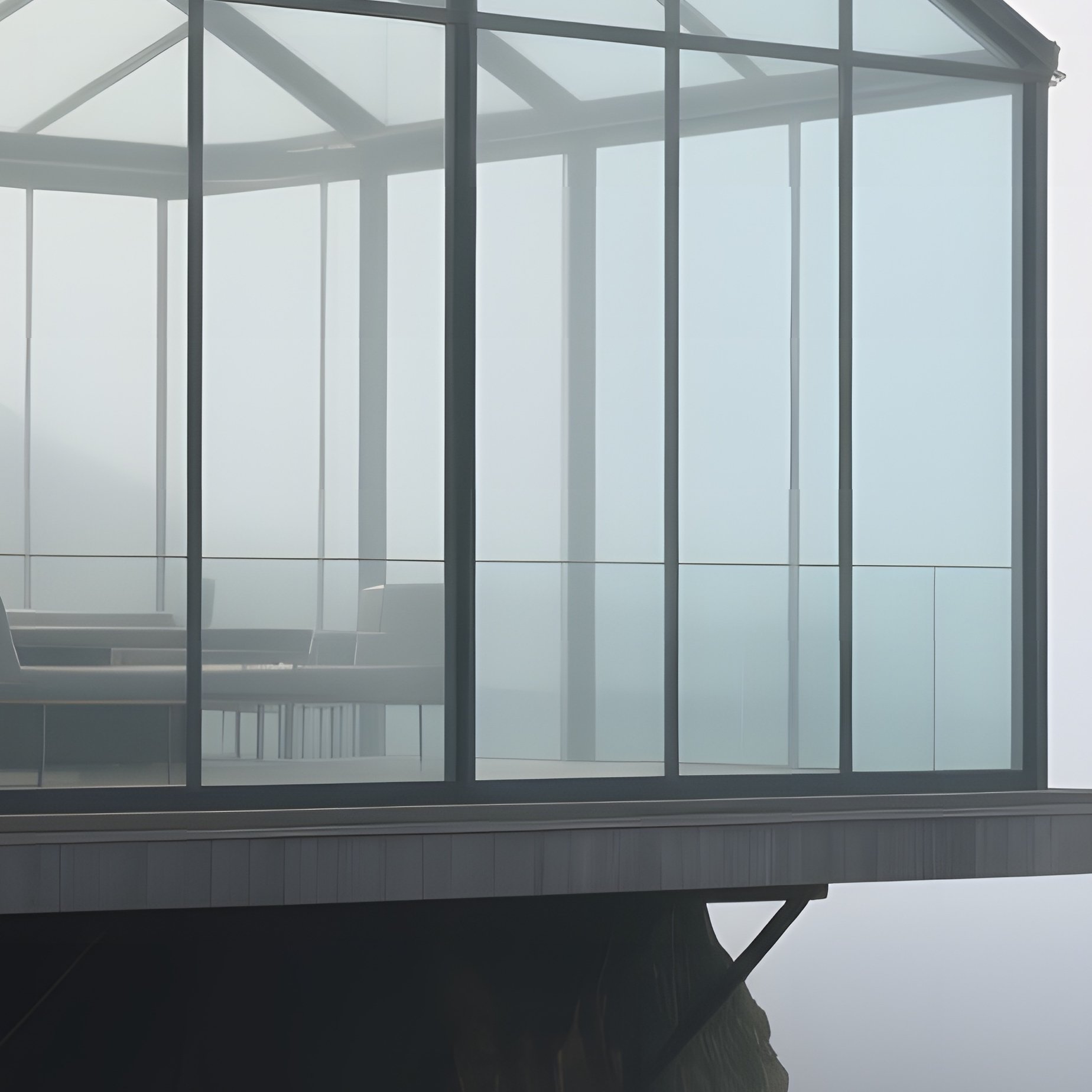 A Foggy Morning On A Coastal Cliff Where A Glass And Steel Pavilion Juts Out, Its Transparent Walls - Full Resolution Quality Preview
