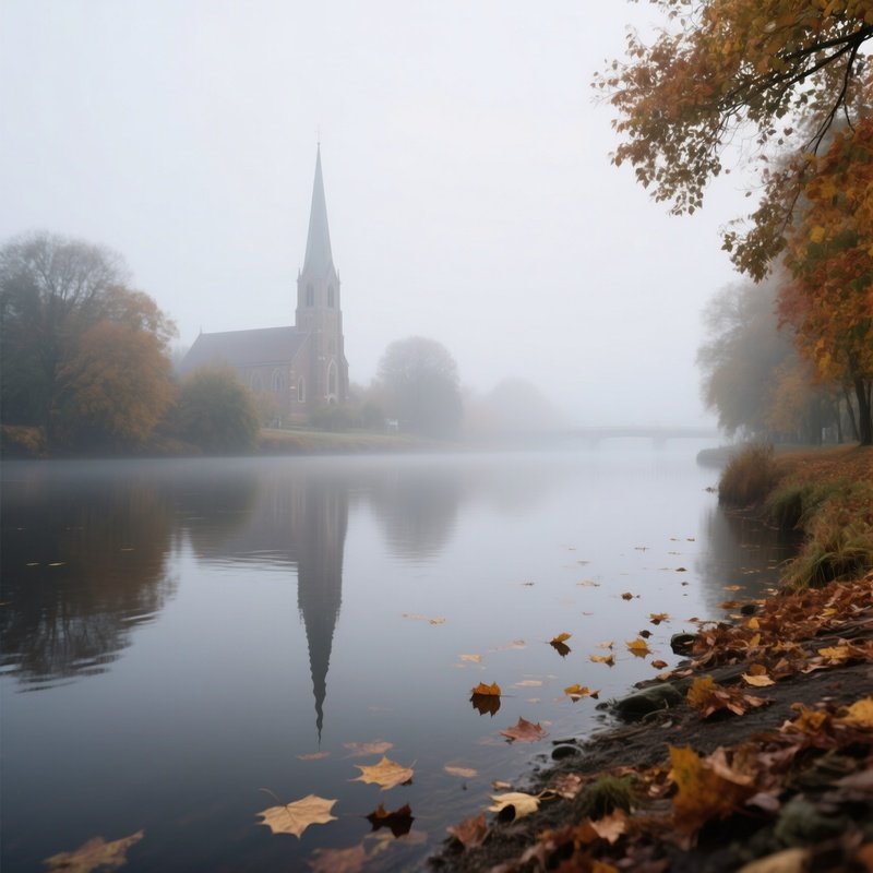 A Foggy Morning On A Riverbank In Early Autumn, Water Mirroring Muted Gray Sky, Fallen Leaves