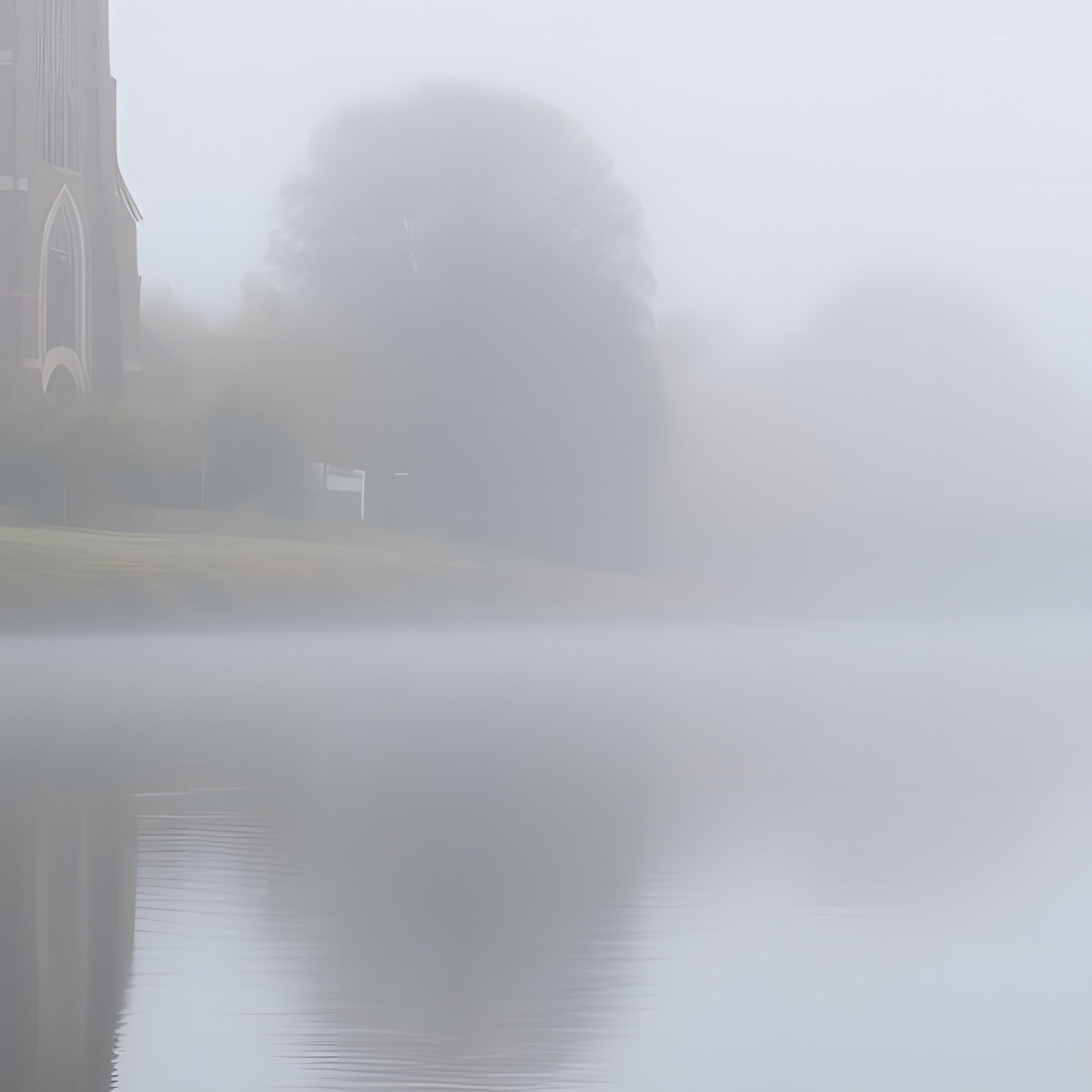 A Foggy Morning On A Riverbank In Early Autumn, Water Mirroring Muted Gray Sky, Fallen Leaves - Full Resolution Quality Preview