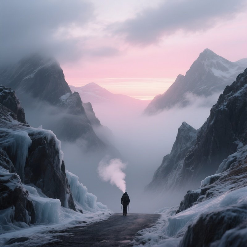 A Foggy Mountain Pass At Dawn, Where Pale Pink Sunrise Light Fights Against Thick Gray Clouds,
