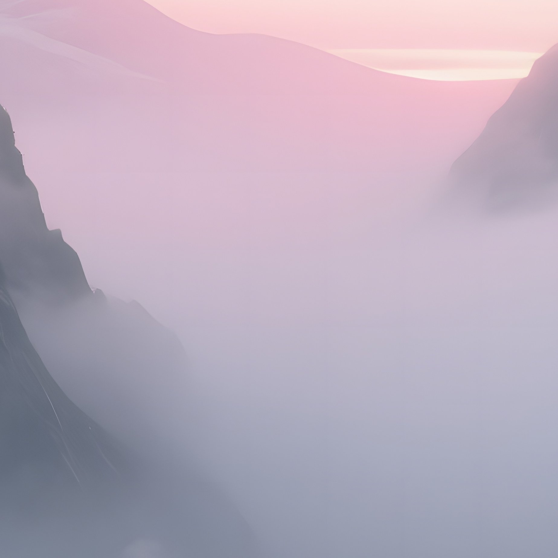 A Foggy Mountain Pass At Dawn, Where Pale Pink Sunrise Light Fights Against Thick Gray Clouds, - Full Resolution Quality Preview