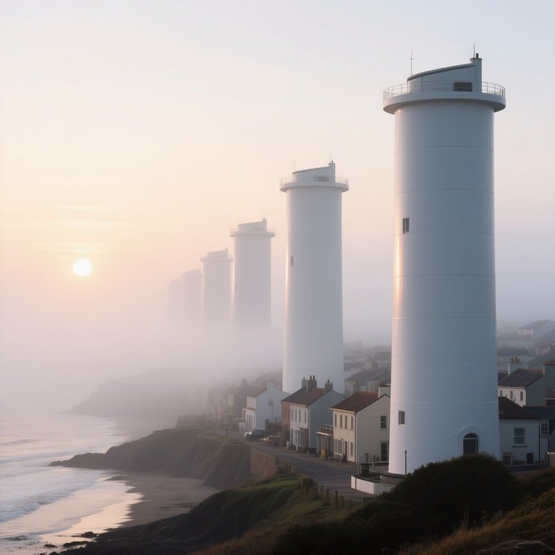 A Foggy Sunrise Over A Series Of White Cylindrical Towers In A Coastal Town, Their Sleek Surfaces