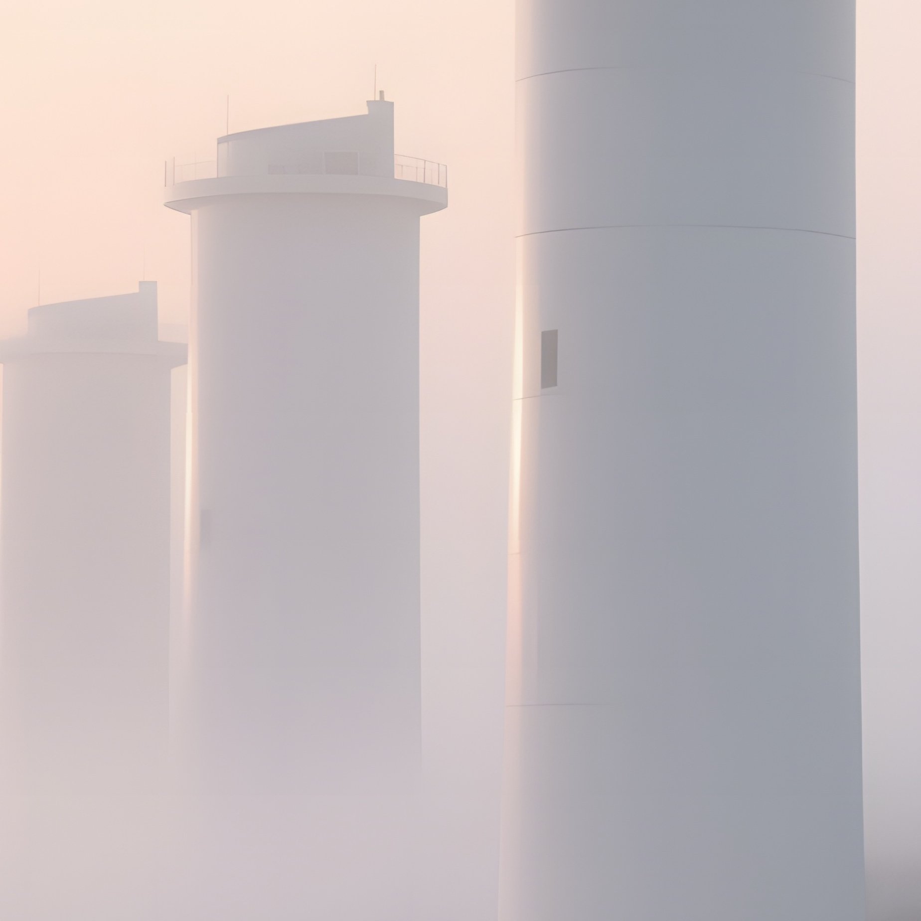 A Foggy Sunrise Over A Series Of White Cylindrical Towers In A Coastal Town, Their Sleek Surfaces - Full Resolution Quality Preview