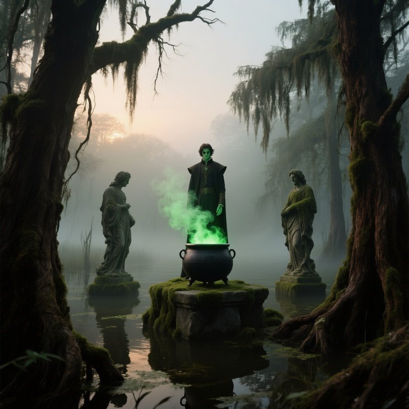 A Foggy Swamp At Dawn With Witchs Cauldron Bubbling