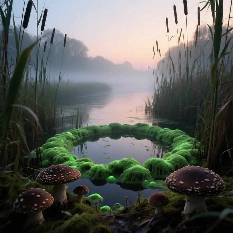 A Foggy Swamp Near The River Elbe At Dusk, Towering Reeds Surrounding A Ring Of Luminescent Green