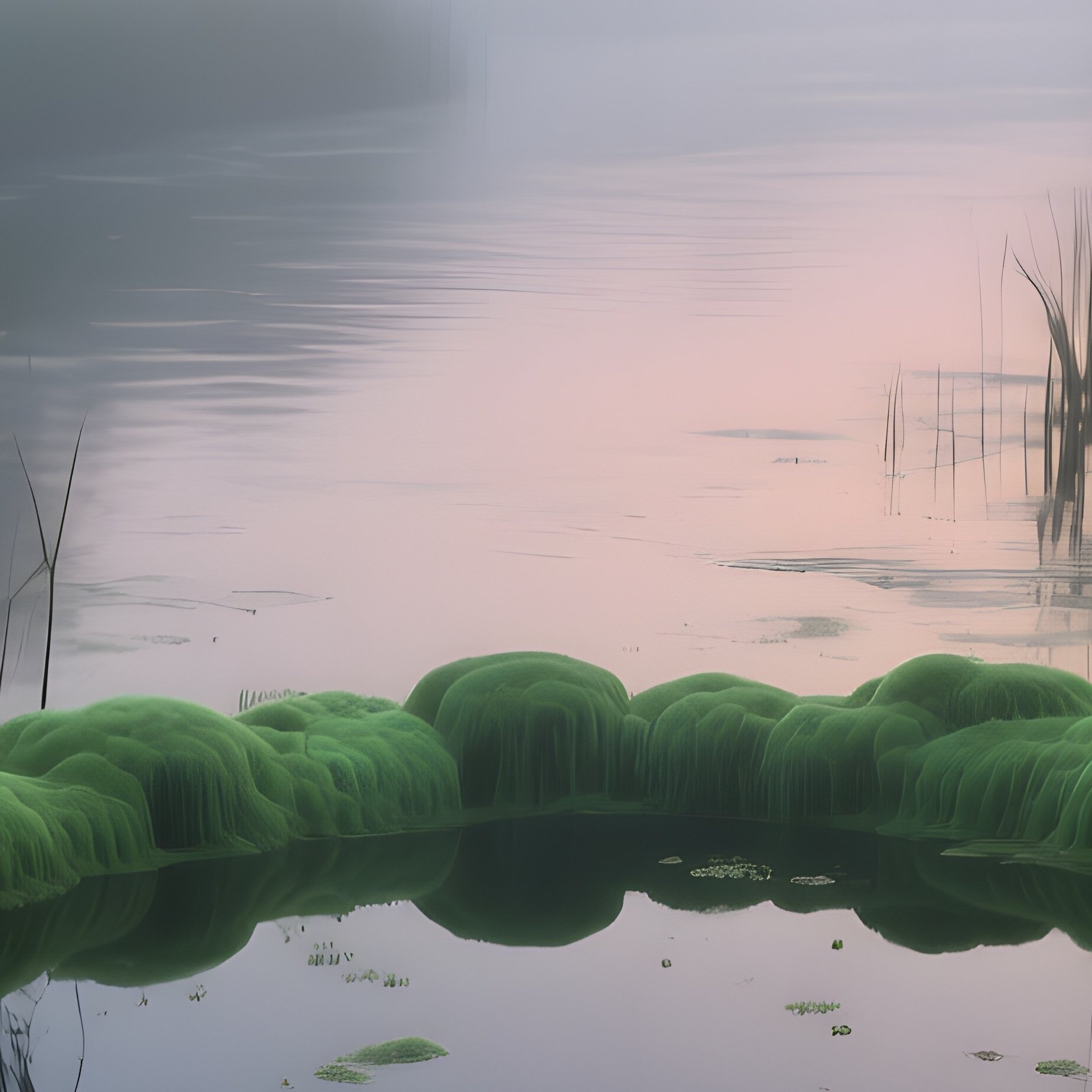 A Foggy Swamp Near The River Elbe At Dusk, Towering Reeds Surrounding A Ring Of Luminescent Green - Full Resolution Quality Preview