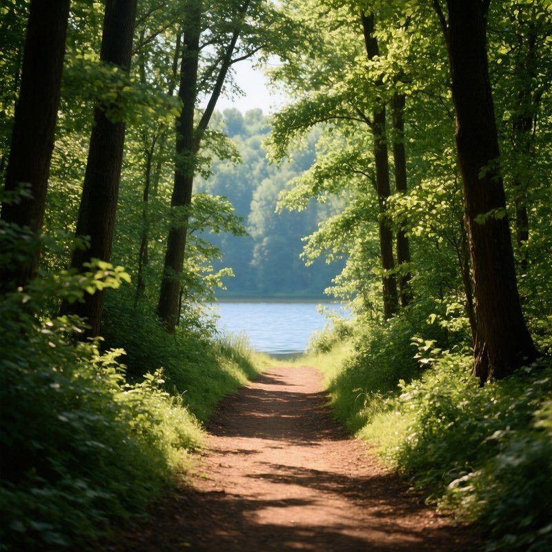 A Forest Path Leading Towards A Body Of Water Forest Path