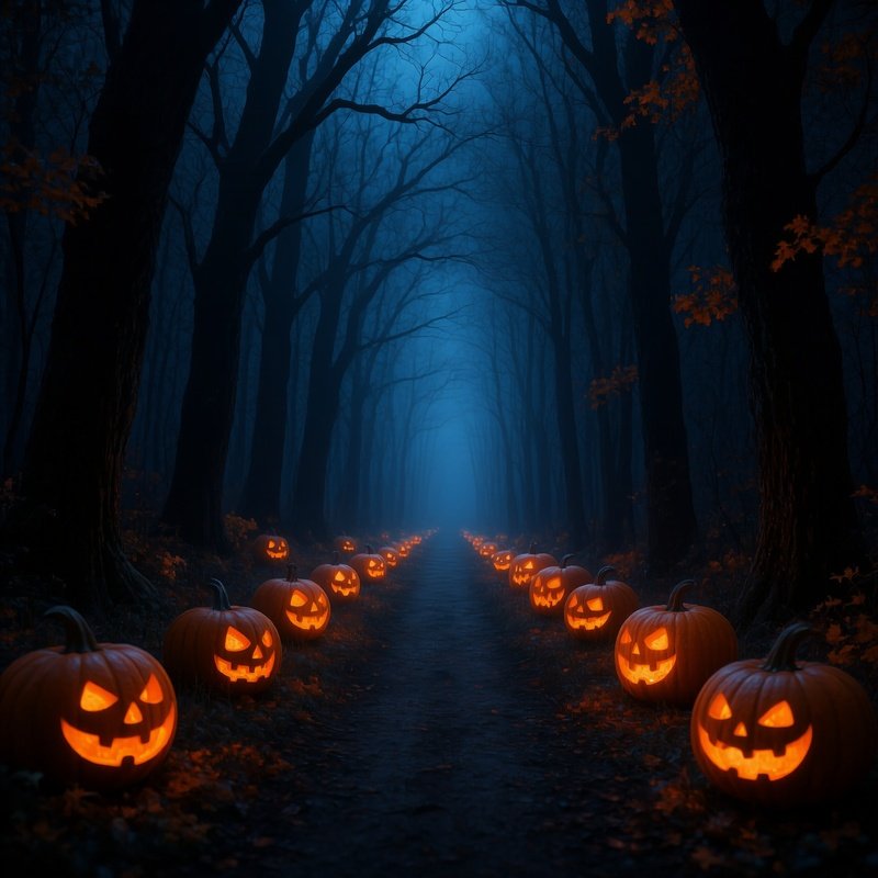 A Forest Path Lined With Glowing Jack O Lanterns Halloween Forest