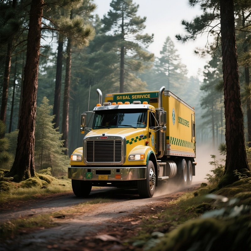 A Forestry Service Truck Driving Through Pine Forests