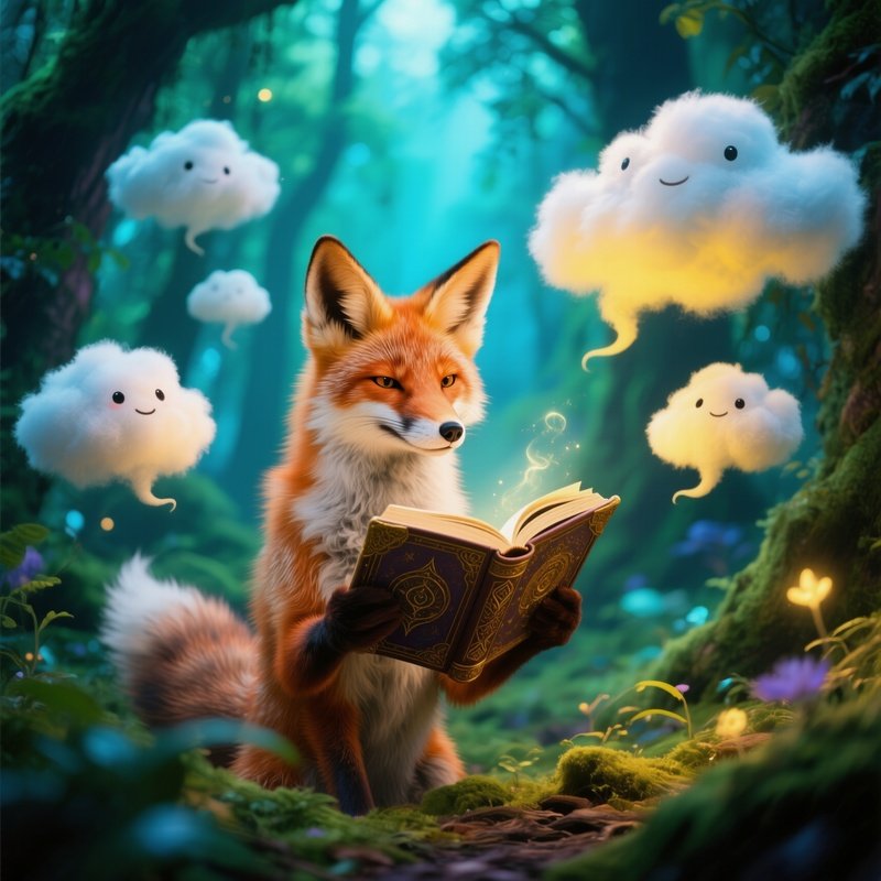 A Fox Reading Bedtime Stories To Clouds In A Fantasy Setting