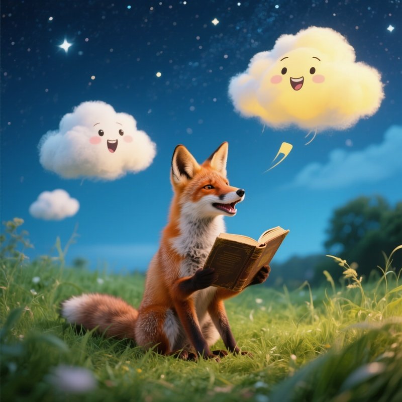 A Fox Reading Bedtime Stories To Clouds In A Realistic Art Style