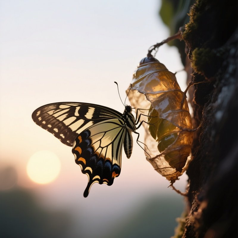 A Fragile Butterfly Emerging From Its Chrysalis At Dawn.
