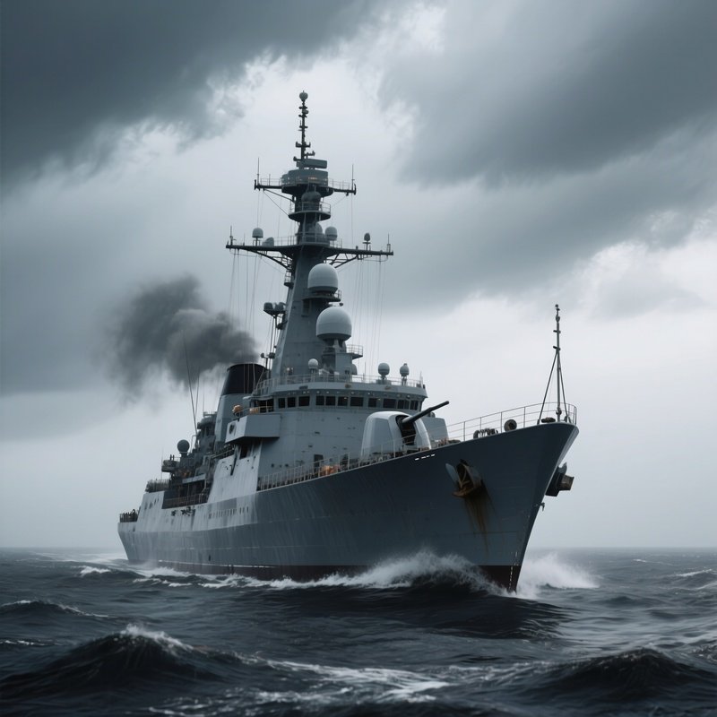 A Frigate Cruising Under Heavy Overcast Conditions