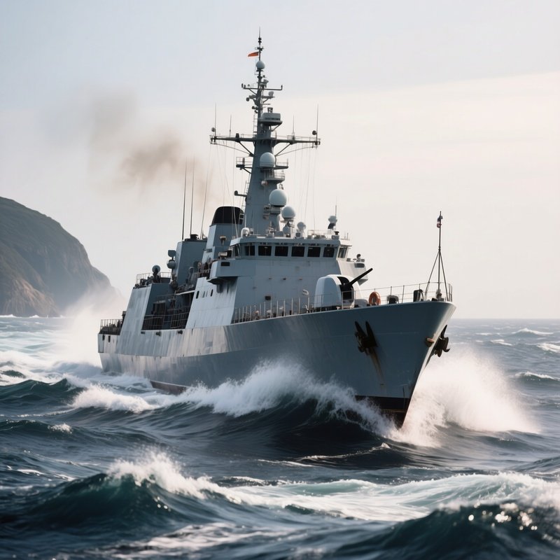 A Frigate Cutting Through Choppy Waves During Coastal Patrol