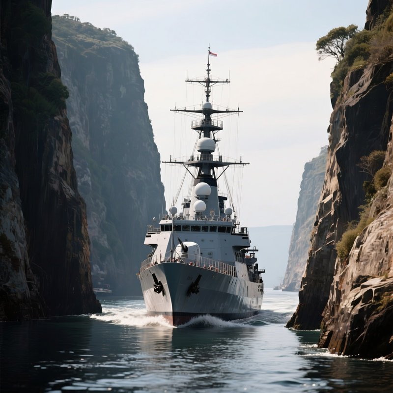 A Frigate Navigating Narrow Straits With Precision