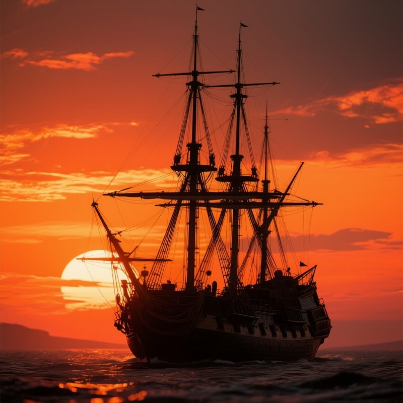 A Frigate Silhouetted Against A Fiery Orange Sunset