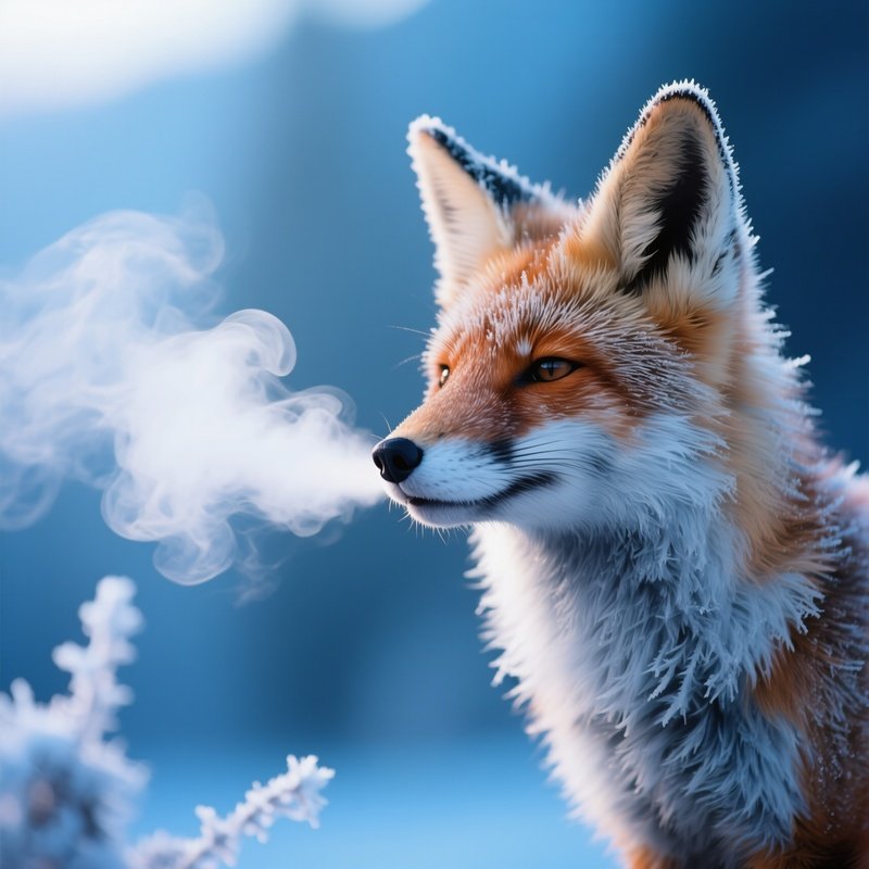 A Frost Covered Fox Exhaling Steam Into Blue Morning Light.