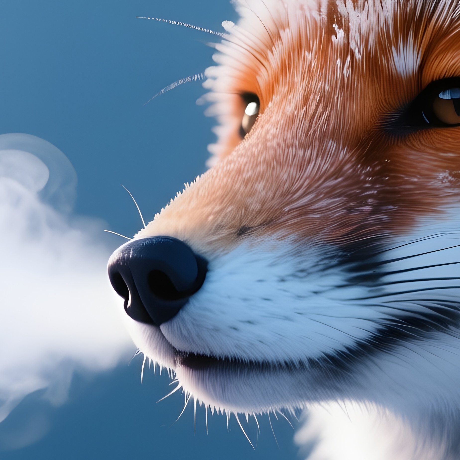 A Frost Covered Fox Exhaling Steam Into Blue Morning Light. - Full Resolution Quality Preview