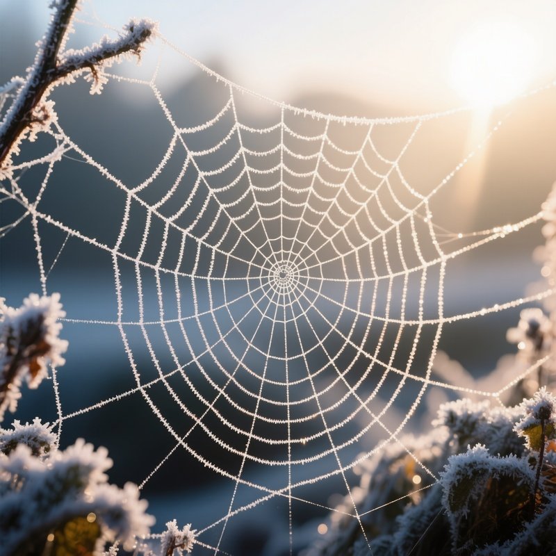 A Frost Covered Spiderweb Sparkling In Early Sunlight.