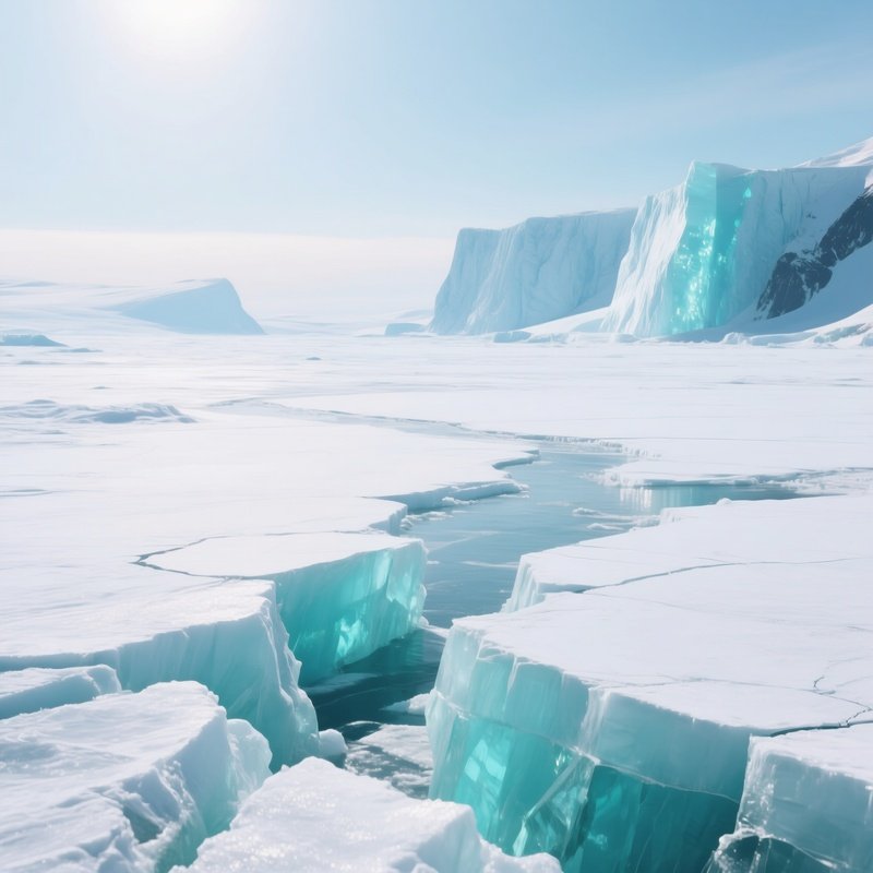 A Frozen Arctic Landscape Under A Pale Midday Sun, Endless Ice Fields Cracked With Turquoise