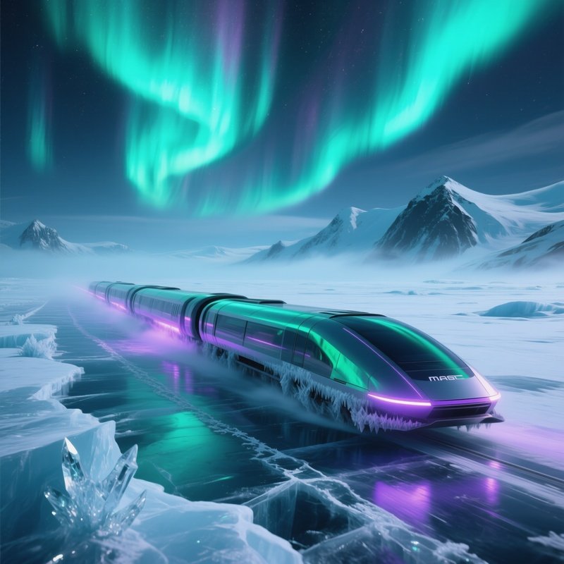 A Frozen Arctic Tundra Under The Aurora Borealis, Icy Crystal Tracks Etched Into Glistening Ice